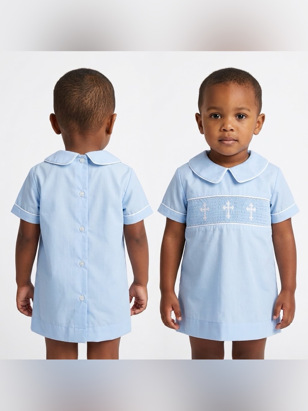 Classic Whimsy Light Blue Smocked Cross Button-Back Shirt 3T